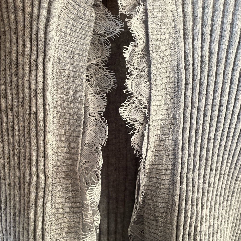 Anthropologie Knitted & Knitted Light Gray Open Ribbed Cardigan Lace Trim S - Picture 6 of 9